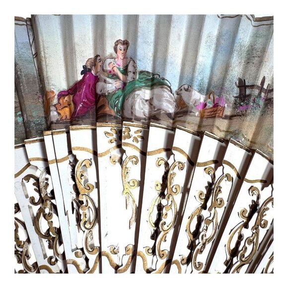 Vintage Alexandre Hand-Painted Folding Fan Signed Gold & Courting Couple READ - Picture 2 of 11
